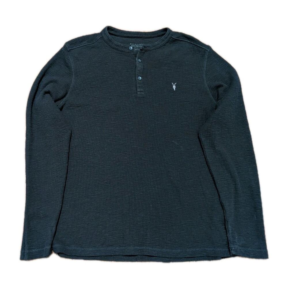 All Saints Henley Shirt Mens Medium Black Waffle Knit Long Sleeve Relaxed Fit